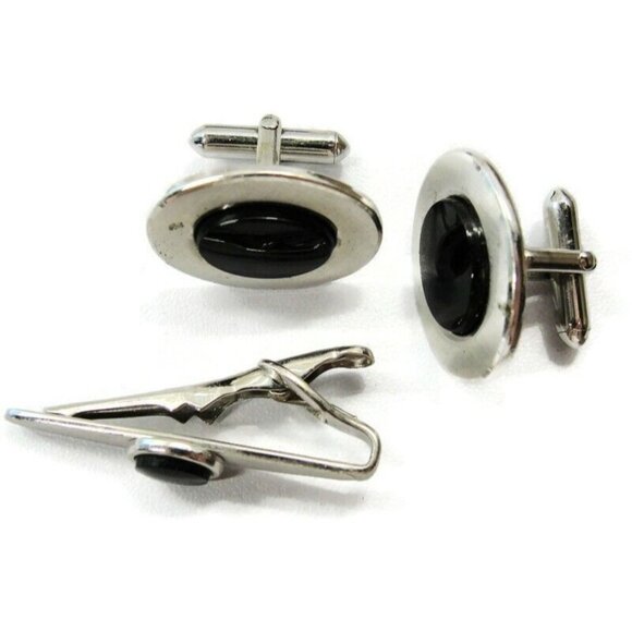 Swank Cufflinks Tie Bar Set Silver Tone Black Stone Tux Shirt Dress Suit Vintage - Picture 3 of 6